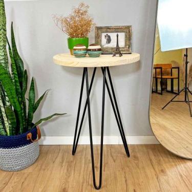 Imagem de Mesa de Canto Circular de Ferro e Madeira Industrial Hairpin Natural e