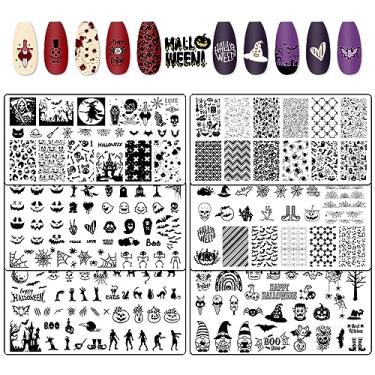 Imagem de Hying 6 peças de placas de estampagem de arte de unhas de Halloween para mulheres arte de unhas, conjunto de modelos de placas de unhas de caveira de aço inoxidável para decoração de Halloween DIY kit de modelos de carimbo de teia de aranha assustador