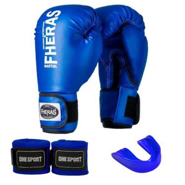 Imagem de Kit Luva de Boxe Muay Thai Fheras + Bandagem 2,5m + Bucal, Azul, 14oz