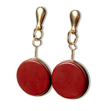 Imagem de Brinco Disco Pedra Jaspe Vermelho Tarracha Dourado - CristaisdeCurvelo