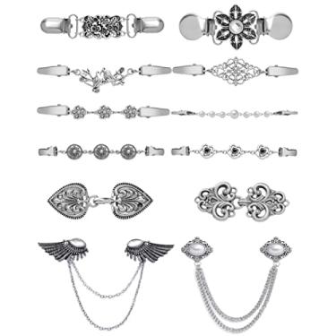 Imagem de Tornito 12 peças vintage suéter xaile clipes retrô cardigã colarinho camisa clipe de cintura vestidos clipe de corrente padrão flores antigas broche broche clipe para mulheres, Metal, Sem pedras
