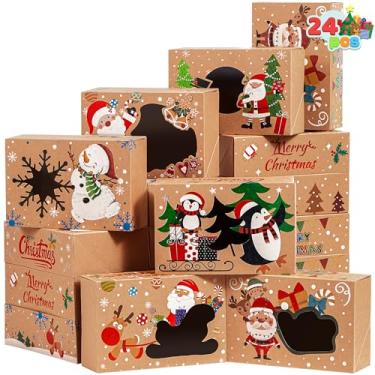 Imagem de JOYIN 24 unidades de caixas de biscoitos de Natal para presentear, 8,5" x 5,75" x 2,75" latas de biscoitos para guloseimas de Natal com janela, 6 designs de caixas de padaria kraft marrons p