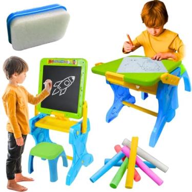 Imagem de Kit Quadro Cavalete de desenho infantil Brinquedo 2 em 1 vira Mesinha de atividades educativa pedagogica didatica educacional infantis presente criança 3 anos menino menina (Azul)