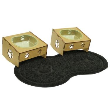 Imagem de kit 2 Comedouros/Bebedouro Wood Pata Cães E Gatos  Morapet +Tapete Pet