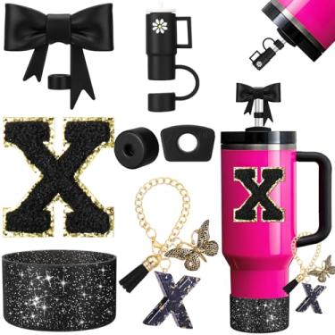 Imagem de AIERSA Conjunto de acessórios de copo preto para copo Stanley de 850 g 1,134 g, incluindo laço e mini copo, tampa e bota de palha, tampa à prova de derramamento, adesivo de letras de iniciais e