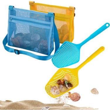 Imagem de MUYIZI Pá De Malha De Praia Com Bolsa De Malha De Praia Sacos De Conchas De Praia Para Segurar Conchas De Praia, Brinquedos Para Crianças Filtro De Areia Para Pegar Conchas Peneira De Dente De Tubar