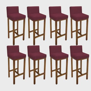 Imagem de Kit 08 Banqueta Alta Com Encosto Loren Cozinha Balcão Bistrô Base Madeira Rústico Suede Bordô - Ahz Móveis