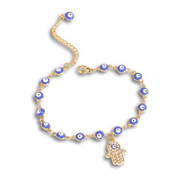 Imagem de Tornozeleira Feminina 2 em 1 Pulseira e Tornozeleira com "Olho Grego e Mão de Fátima" – Aço Inoxidável – Proteção e Estilo Moderno – Acompanha Bolsa de Veludo