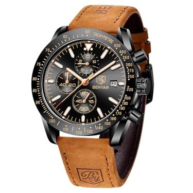 Imagem de Relógios masculinos BY BENYAR cronógrafo, analógico, movimento de quartzo com design esportivo elegante, à prova d'água até 30 m, presente elegante para homens, Preto e preto