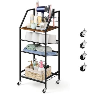 Imagem de Organizador de prateleira de banheiro de 4 camadas com suporte para secador de cabelo, carrinho de armazenamento com rodas, armário de armazenamento fino para toalhas, cuidados com a pele, escova