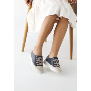 Imagem de Tênis Casual Feminino Azul Marinho com Off White Couro Legítimo Confor