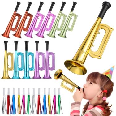 Imagem de JOINPAYA 12 Pcs Plastic Metallic Trumpets: 7in Mini Play Trumpet Shiny Horn with 12pcs Party Blowers Blowouts for Birthday Sport Events Party