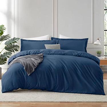 Imagem de Hearth & Harbor Capa de edredom azul marinho com lençol queen size - Conjunto de cama macio de 4 peças, inclui 1 capa de edredom com fecho de botão, 1 lençol com elástico, 2 fronhas