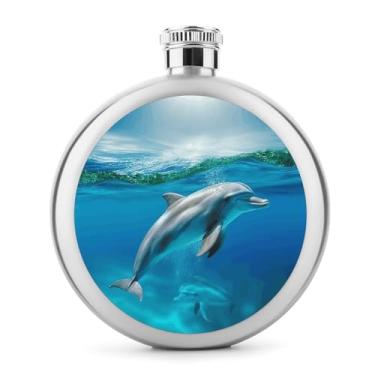 Imagem de Cantil de aço inoxidável, golfinho nadador no mar azul impressão metal cantil clássico garrafa de bolso garrafa anca garrafa de viagem garrafa portátil licor