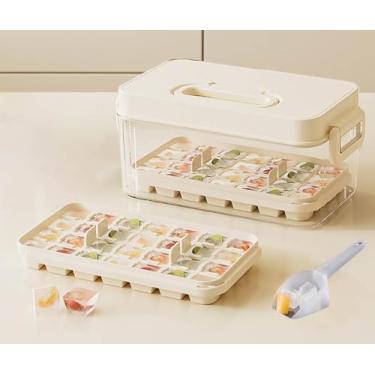 Imagem de Bandejas de gelo com tampas, concha e balde de gelo, 28/84 peças, molde portátil de silicone para cubos de gelo com caixa de gelo reutilizável para geladeira (bege, 1 camada (28 peças))