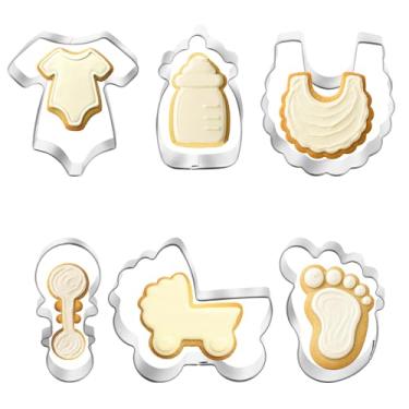 Imagem de Conjunto de cortadores de biscoito para chá de bebê - 6 peças - carrinho de bebê, macacão, babador, pirulito, mamadeira, cortadores de biscoito para pés de bebê, moldes de fondant, cortadores de