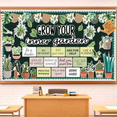 Imagem de 75 peças de decoração de quadro de avisos motivacional para plantas, decoração inspiradora de volta às aulas para sala de aula, vegetação, recortes de folhas em vasos, leitura positiva, quadro de