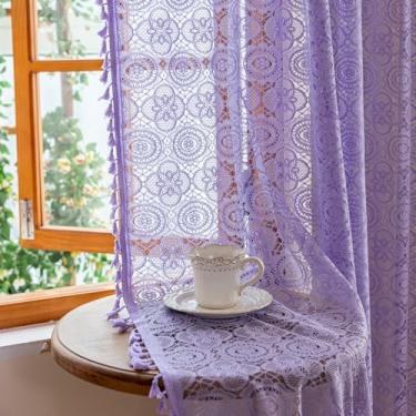 Imagem de Cortinas roxas transparentes de crochê boêmias de 96 polegadas com bolso de haste de borla, painéis transparentes de flores de lavanda para quarto, sala de estar, decoração de casa elegante 2,5 m 1,5