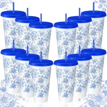 Imagem de Jingmore 12 peças de copos florais azuis com tampas e canudos 680 g copo de plástico caneca de viagem para algo azul chá de noiva casamento dama de honra lembrancinhas de festa