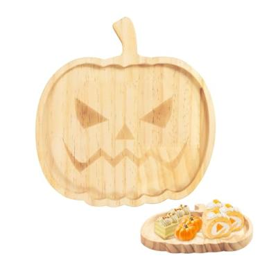 Imagem de Bandeja de madeira para servir abóbora de Halloween – 19 cm x 17,78 cm placa de rosto de fantasma de bambu para decoração de mesa de festa de Halloween, suporte de lanche de doces, prato de frutas e