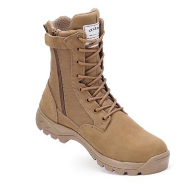 Imagem de IODSON Botas de trabalho táticas militares masculinas com zíper lateral, resistente a perfurações, combate no deserto, selva militar, botas de caminhada leves de 20 cm, Marrom, 37