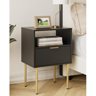 Imagem de Aienvey Mesa de cabeceira, mesa de cabeceira preta moderna com gavetas, mesa de cabeceira, mesa lateral pequena dourada para quarto, mesa de canto de sala de estar