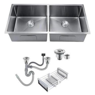 Imagem de Cuba Gourmet Pia Dupla Inox Quadrada Cozinha Luxo 72x43 Com Acessórios
