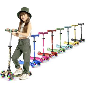 Imagem de Lifemaster Mini scooter infantil de 3 rodas com luzes de roda multicoloridas – guidão ajustável de 4 alturas, deck antiderrapante amplo, certificado de segurança infantil, meninos e meninas a partir