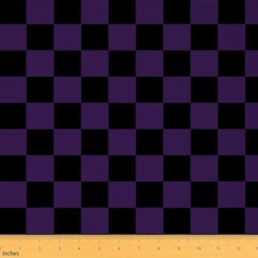 Imagem de Tecido quadriculado roxo preto xadrez estofado para cadeiras sofá sofá fofo retrô neutro quadriculado geométrico para projetos de bricolage em casa, decoração à prova d'água poliéster vintage, 1 jarda