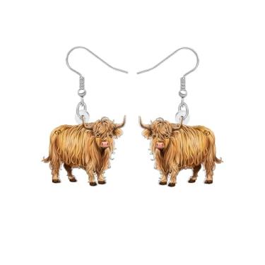 Imagem de Brincos pendentes de vaca Highland com desenho de acrílico, presentes escoceses para mulheres, lindos brincos de gado, acessórios de joias da Escócia para amantes de animais de fazenda, Medium