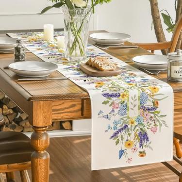 Imagem de Caminho de mesa de flores silvestres verdes – Decoração de mesa floral de primavera de 182 cm para cozinha, pátio e celebrações de férias