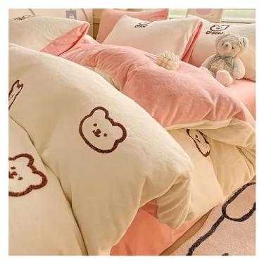 Imagem de Jogo de cama fofo de desenho animado de veludo de leite de cor sólida, 4 peças de veludo grosso e dupla face, lençol duplo grande, edredom para todas as estações