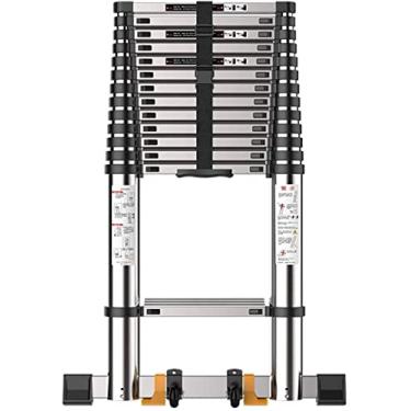 Imagem de OKUOKA Escada de extensão telescópica dobrável de alumínio de 5 m/6 m/7 m, com faixa de 75 mm de largura, barra estabilizadora e rodas, para escritório em casa e exterior (tamanho: 4,6 m/15 pés)