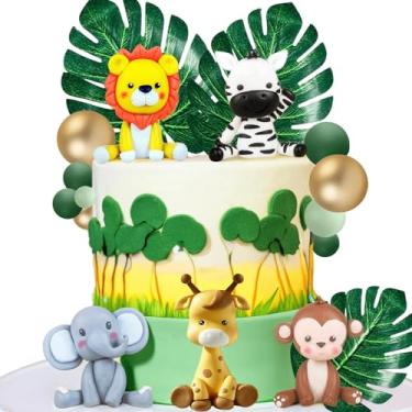 Imagem de 20 peças de topo de bolo de animais safári na selva com leão girafa macaco elefante zebra bolas coloridas folhas decoração de bolo para chá de bebê, safári, artigos de festa de aniversário