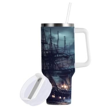 Imagem de ATTX Copo de navio pirata de 850 g com alça - Caneca de viagem de aço inoxidável isolada a vácuo, xícara de café à prova de vazamento com canudo #882