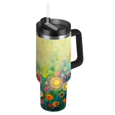 Imagem de ATTX Copo de pintura de flores coloridas de 1,134 g com alça, copo de aço inoxidável a vácuo de parede dupla com palha, caneca de café de viagem isolada #254