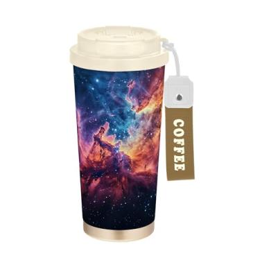 Imagem de SEHANY Caneca de viagem Galaxy Starry Sky de viagem de 500 ml Copos de café reutilizáveis revestidos de cerâmica com tampa à prova de vazamento, parede dupla, isolamento a vácuo, copo de café de aço