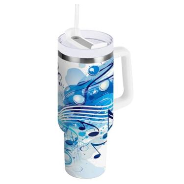 Imagem de xigua Music Notes Copo de 1,134 g com tampa e canudo, aço inoxidável de vácuo duplo isolado garrafa de água esportiva suporte para copo de café de viagem à prova de vazamento para bebida gelada