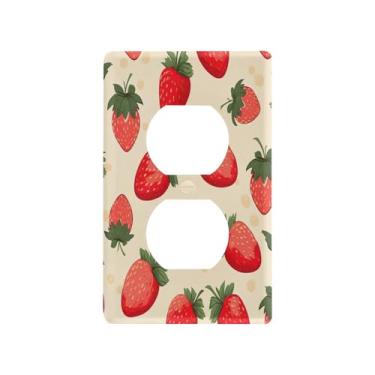Imagem de Blueangle Placa de parede de tomada dupla padrão morango, tamanho padrão, placas de cobertura de tomada elétrica de 1 gangue para decoração de quarto de escritório em casa, 4,53 x 2,76 polegadas (49)