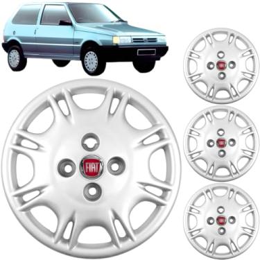 Imagem de Jogo 4 Calotas Aro 13 Fiat Uno Fiorino Elba Premio 1985 a 2008 Com Adesivo Logo Vermelho Resinado Grid 006CB