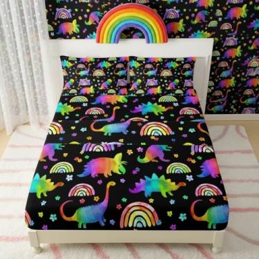 Imagem de QOOMO Jogo de lençol Queen com desenho animado de dinossauro, com estampa de arco-íris, leve para todas as estações, preto para decoração de quarto, 1 lençol com elástico, 1 lençol de cima, 2 fronhas