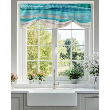 Imagem de Cortinas de amarrar para janelas litorânea praia banheiro janela tratamento azul petróleo cozinha cortinas sanefas bolso haste ombré turquesa onda balão sombra cortinas para sala de estar quarto 106.7
