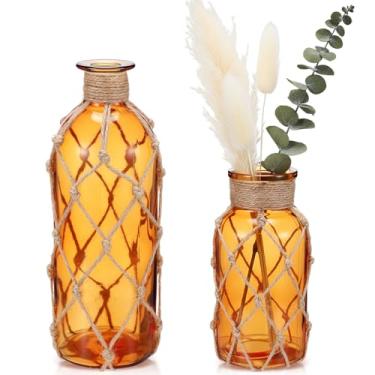 Imagem de Chuangdi Conjunto de 2 vasos de vidro costeiros para flores, pequeno vaso de flores com corda boho, garrafa decorativa de praia para mesa náutica costeira centro de mesa decoração de arranjo floral de