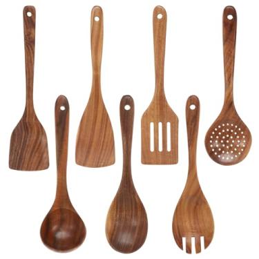 Imagem de UKQRRTC Conjunto de 7 utensílios de cozinha, utensílios de cozinha de madeira, incluindo espátula, espátula frita, espátula com fenda, colher de coador, concha de sopa, colher de salada e garfo de