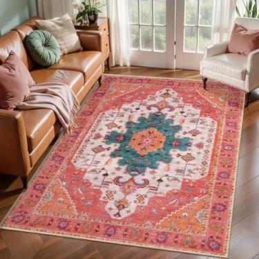 Imagem de Ciicool Boho Tapete de área lavável de 0,9 x 1,5 m Tapete de quarto antiderrapante para entrada oriental Tapete de piso interno de pelo baixo para sala de estar, lavanderia, decoração de hall de