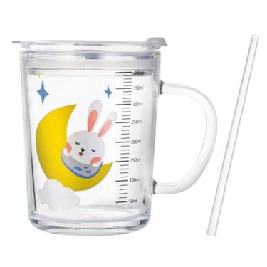 Imagem de Fzy.bstim Copo de canudo infantil com tampa e alça, copo de vidro fofo de 340 g com balança para água, chá, leite e café (coelho)