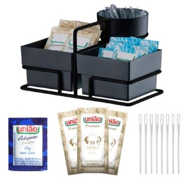 Imagem de Açucar Sache Uniao + Adoçante Sache + Porta Sache Aço Preto Fosco + Mexedor Cafe