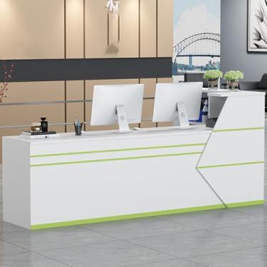 Imagem de Mesa de recepção moderna em forma de L com gaveta com trava, prateleira aberta e bandeja de teclado - verde, 140 cm - ideal para salão, lobby ou balcão de escritório