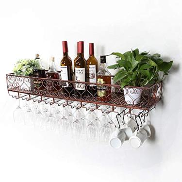 Imagem de Suporte para garrafa de vinho e suporte de vidro vintage de metal - Organizador retrô de 60 cm para decoração de casa, bar, cozinha e armário - Solução de armazenamento de vinho marrom