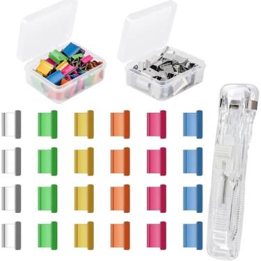 Imagem de Dispensador de clipes de recarga de metal de aço inoxidável, mini grampo reutilizável para fichário, 1 pacote de grampeador com 50 clipes de fichário, prata, 50 peças de grampos de papel coloridos
